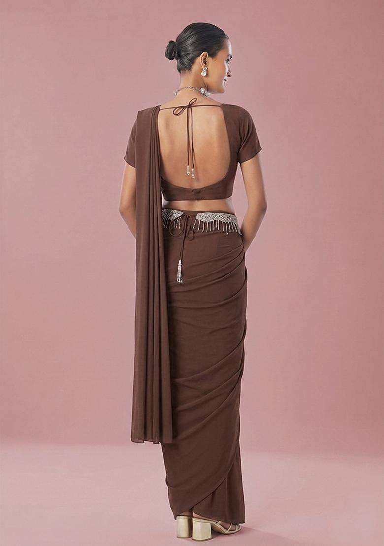 Brown Embroidered Handwork Pre Draped Saree Set - Indya