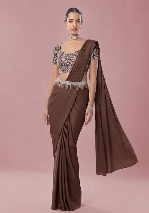 Brown Embroidered Handwork Pre Draped Saree Set