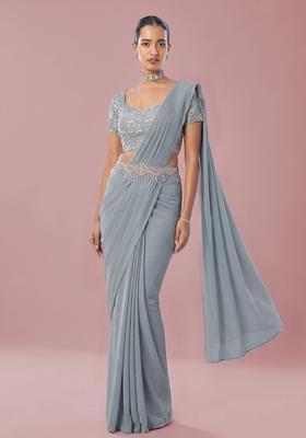 Grey Embroidered Handwork Pre Draped Saree Set