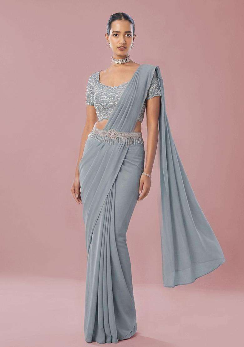 Grey Embroidered Handwork Pre Draped Saree Set - Indya