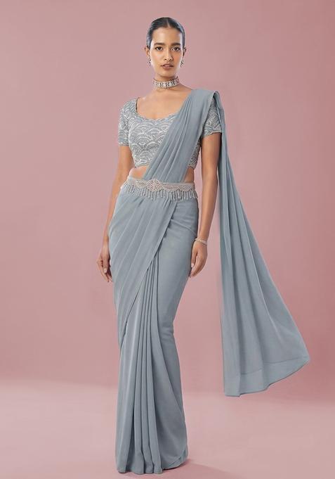 Grey Embroidered Handwork Pre Draped Saree Set