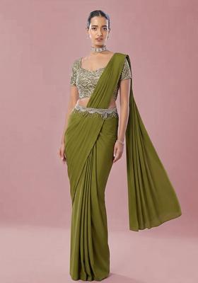 Olive Embroidered Handwork Pre Draped Saree Set