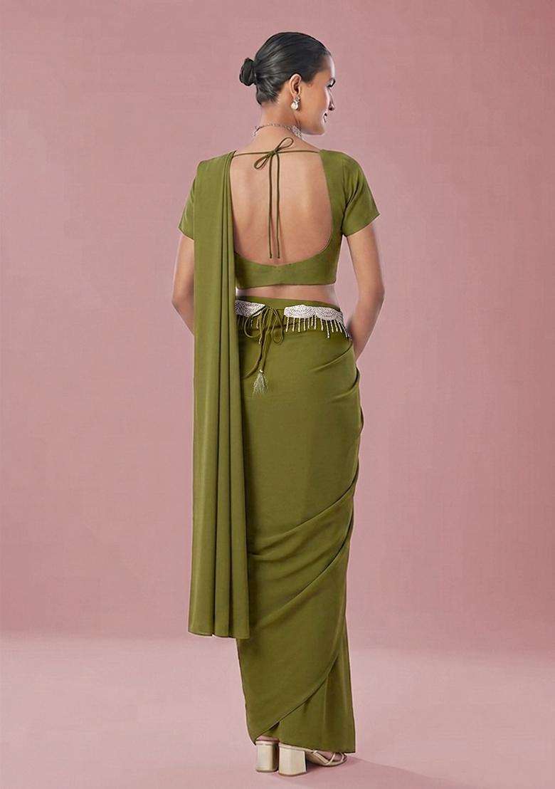 Olive Embroidered Handwork Pre Draped Saree Set - Indya