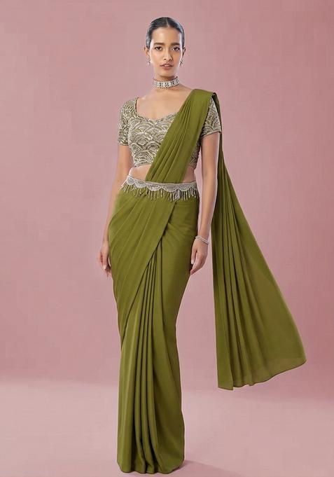 Olive Embroidered Handwork Pre Draped Saree Set