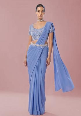 Powder Blue Embroidered Handwork Pre Draped Saree Set