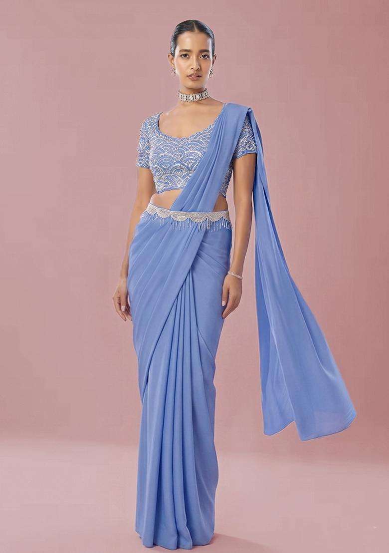 Powder Blue Embroidered Handwork Pre Draped Saree Set - Indya