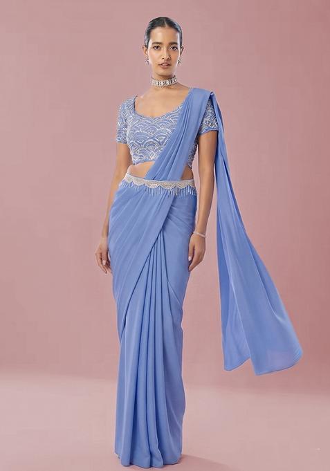Powder Blue Embroidered Handwork Pre Draped Saree Set