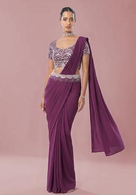 Wine Embroidered Handwork Pre Draped Saree Set