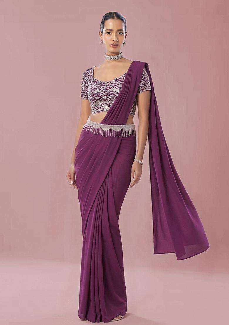 Wine Embroidered Handwork Pre Draped Saree Set - Indya