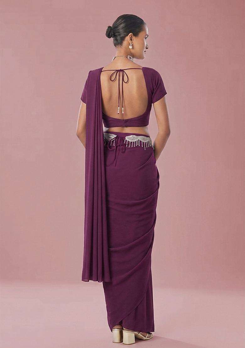 Wine Embroidered Handwork Pre Draped Saree Set - Indya