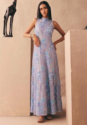 Lavender Embroidered Net Anarkali with Dupatta