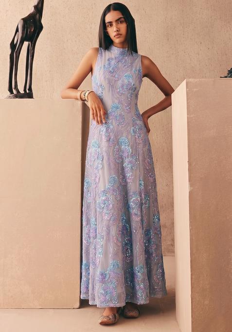 Lavender Embroidered Net Anarkali with Dupatta