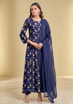 Navy Blue Brocade Anarkali Set