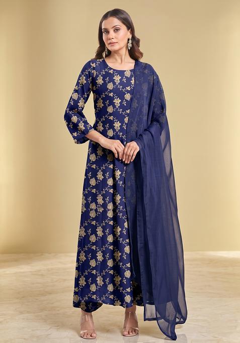 Navy Blue Brocade Anarkali Set