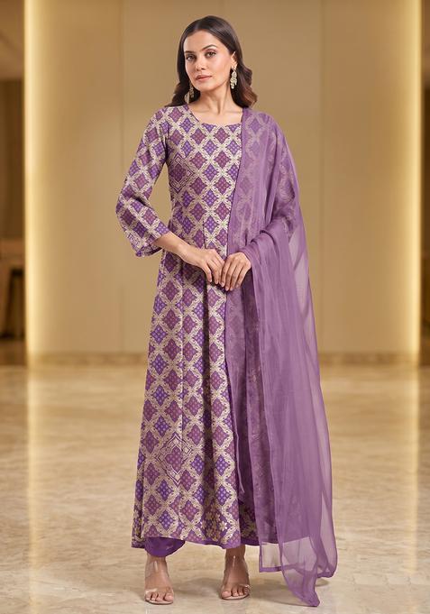 Purple Brocade Anarkali Set