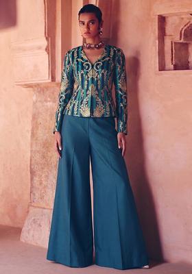 Teal Green Zari Satin Fusion Set