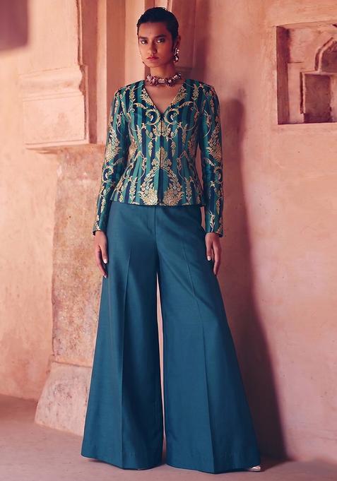 Teal Green Zari Satin Fusion Set