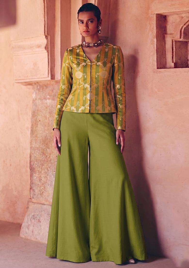 Olive Green Zari Satin Fusion Set - Indya