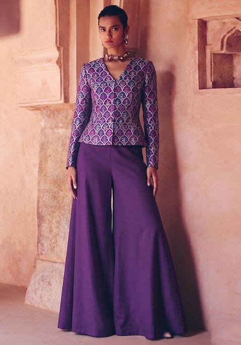 Purple Zari Satin Fusion Set