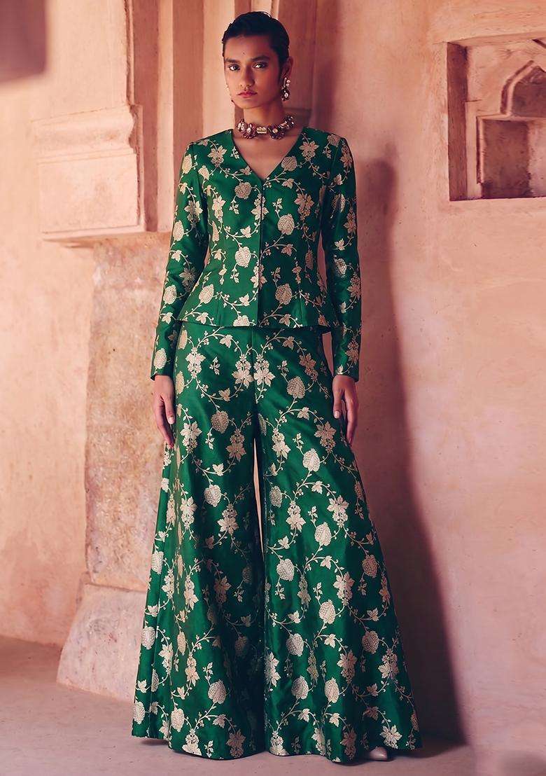 Bottle Green Brocade Fusion Set - Indya