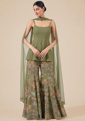 Olive Green Sequin Crepe Sharara Set