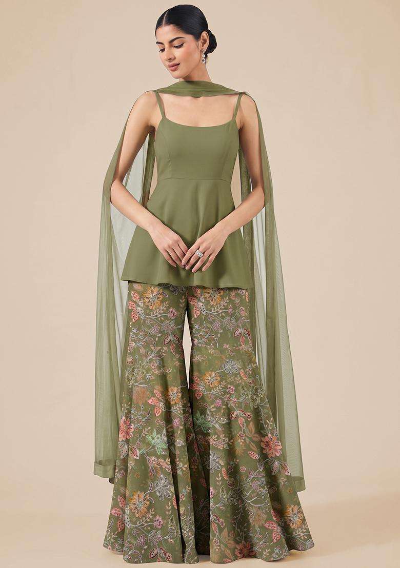 Olive Green Sequin Crepe Sharara Set - Indya
