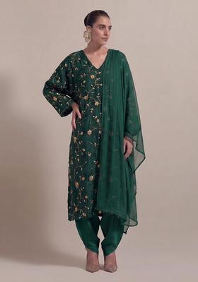 Bottle Green Embroidered Crepe Kurta Set