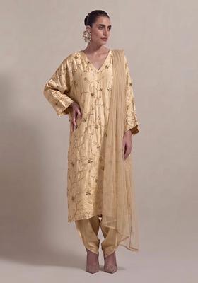 Soft Beige Embroidered Crepe Kurta Set