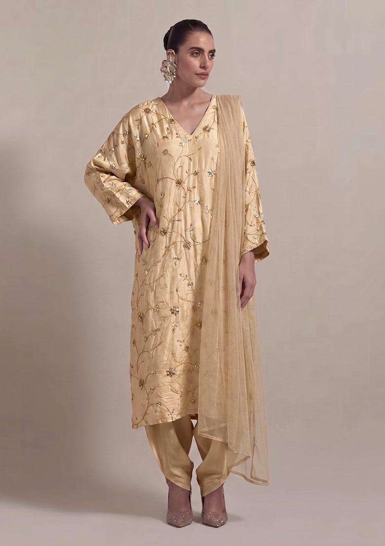 Soft Beige Embroidered Crepe Kurta Set - Indya