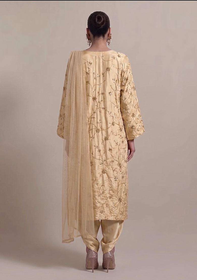 Soft Beige Embroidered Crepe Kurta Set - Indya