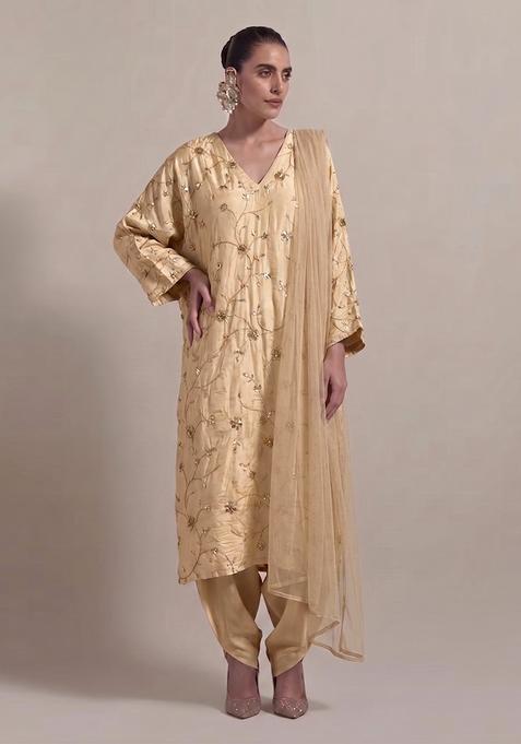 Soft Beige Embroidered Crepe Kurta Set