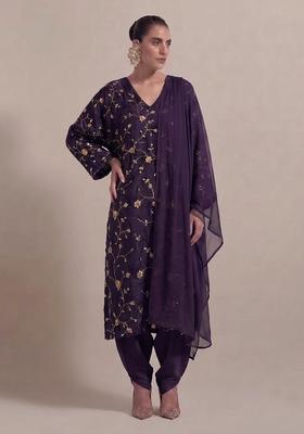 Purple Embroidered Crepe Kurta Set