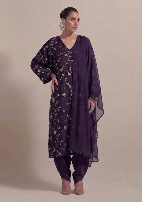 Purple Embroidered Crepe Kurta Set
