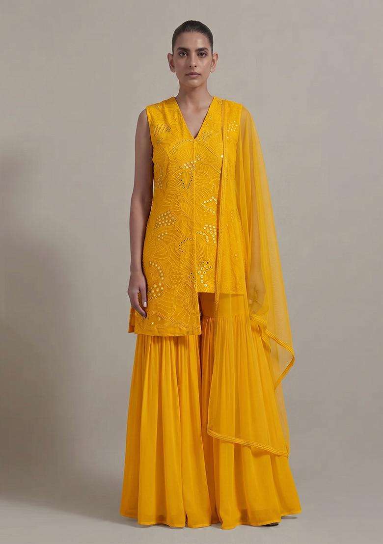 Mustard Yellow Mirror Viscose Sharara Set - Indya