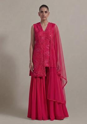 Hot Pink Mirror Viscose Sharara Set