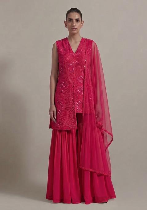 Hot Pink Mirror Viscose Sharara Set