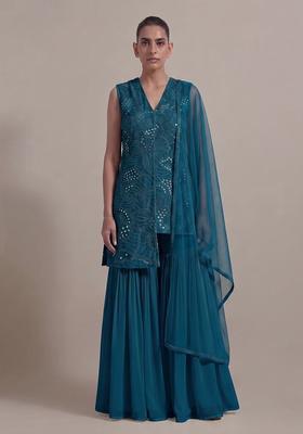 Teal Blue Mirror Viscose Sharara Set