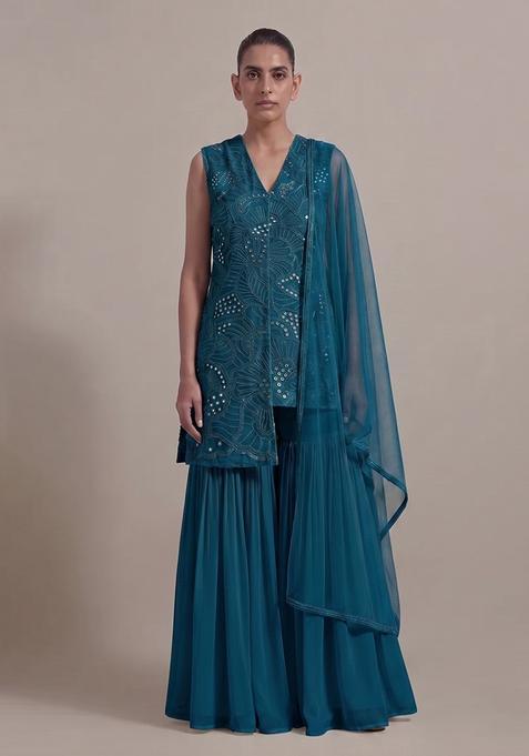 Teal Blue Mirror Viscose Sharara Set