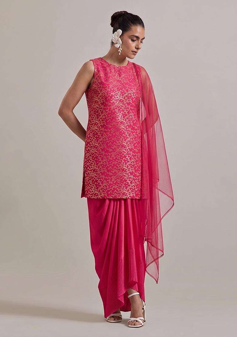 Hot Pink Brocade Fusion Set for Diwali | Wedding & Festive Wear - Indya