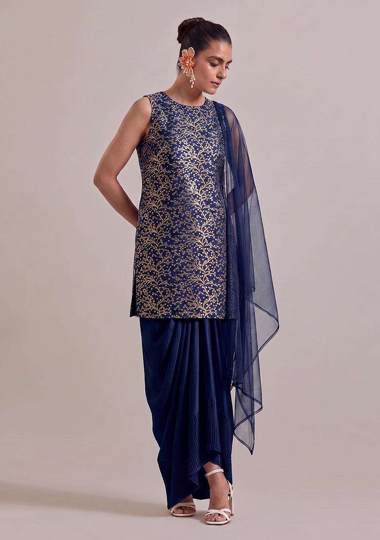 Navy Blue Brocade Fusion Set for Diwali and Festive Wear - Indya