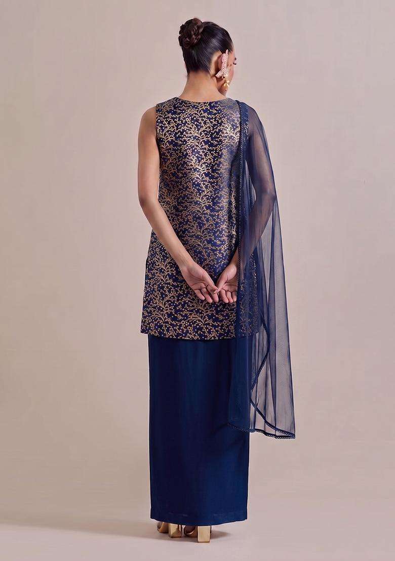 Navy Blue Brocade Fusion Set for Diwali and Festive Wear - Indya
