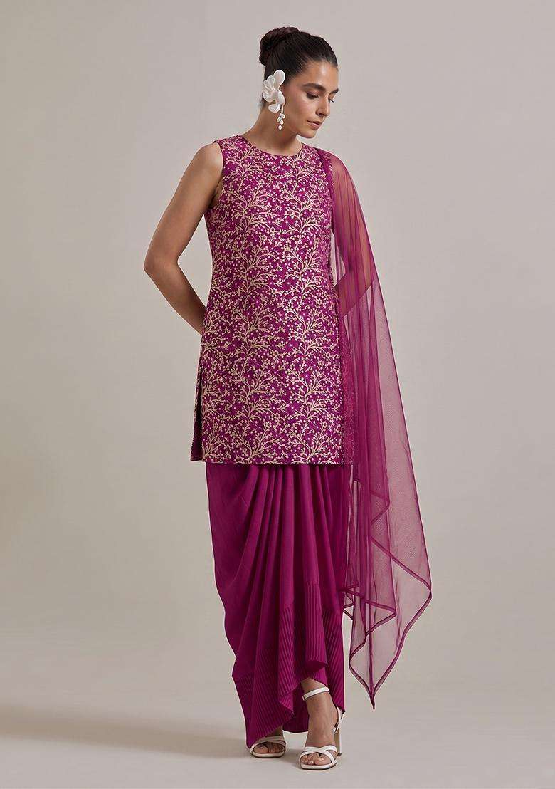 Hot Pink Brocade Fusion Set for Diwali and Festive Wear - Indya