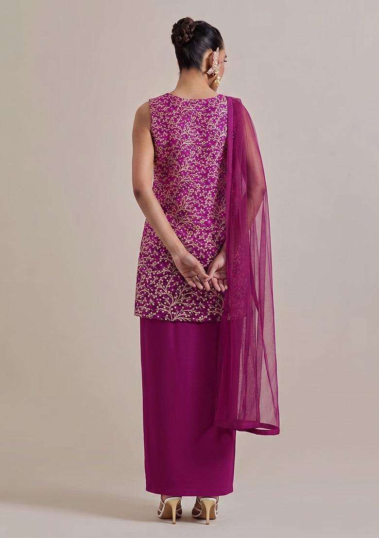 Hot Pink Brocade Fusion Set for Diwali and Festive Wear - Indya