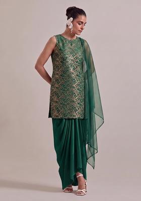 Bottle Green Brocade Fusion Set