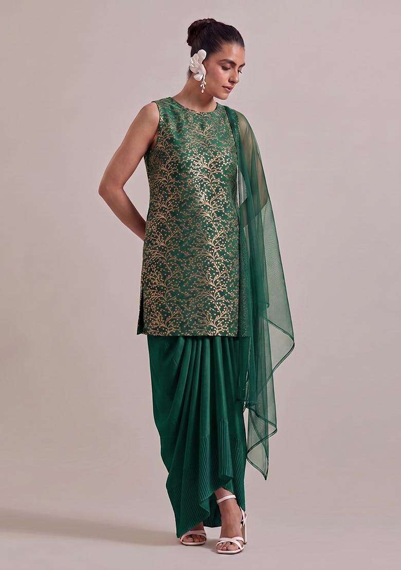 Bottle Green Brocade Fusion Set for Diwali | Wedding & Festive Wear - Indya