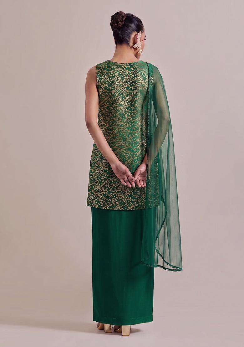 Bottle Green Brocade Fusion Set for Diwali | Wedding & Festive Wear - Indya