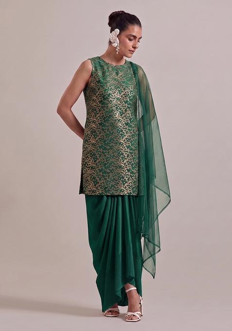 Bottle Green Brocade Fusion Set