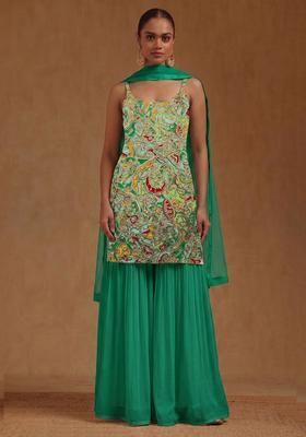 Emerald Green Printed Chanderi Sharara Set