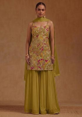 Olive Green Printed Chanderi Sharara Set