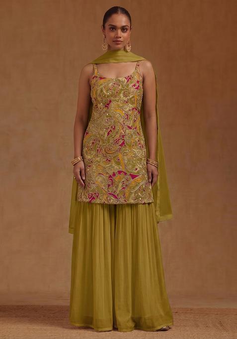 Olive Green Printed Chanderi Sharara Set